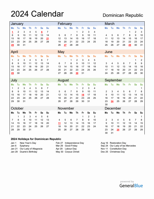 Calendar 2024 with Dominican Republic Holidays