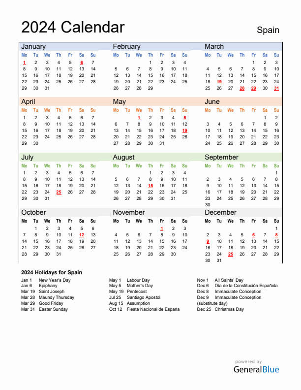 Calendar 2024 with Spain Holidays