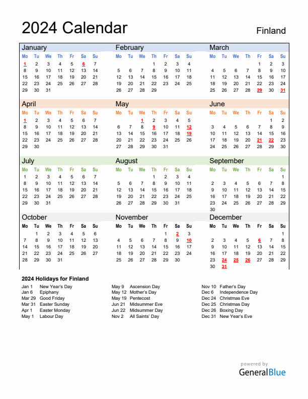 Calendar 2024 with Finland Holidays