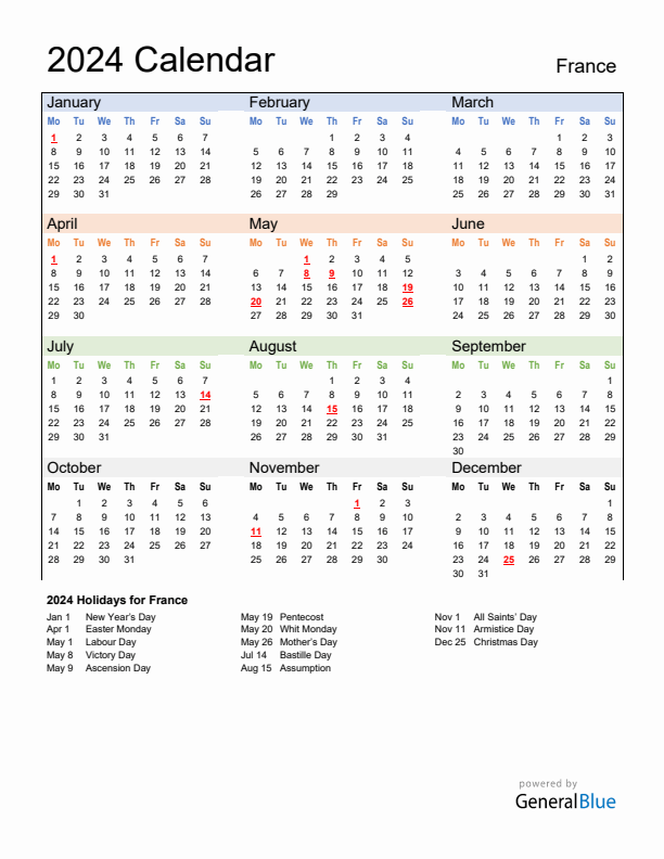 Calendar 2024 with France Holidays