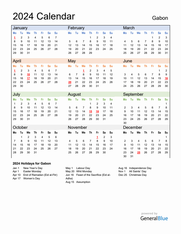 Calendar 2024 with Gabon Holidays