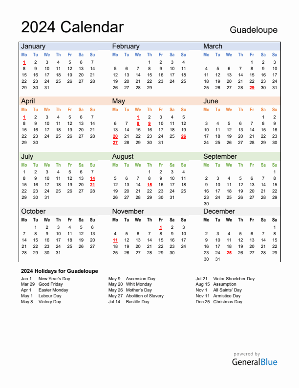 Calendar 2024 with Guadeloupe Holidays