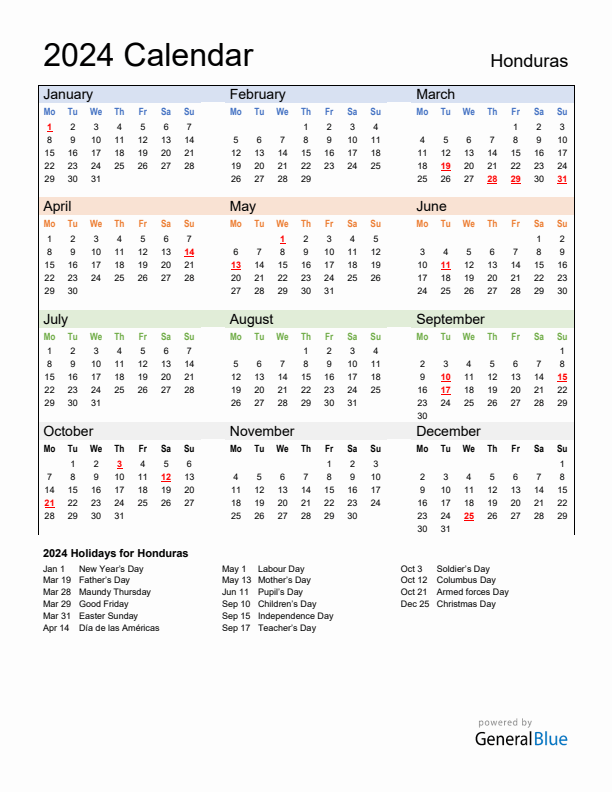 Calendar 2024 with Honduras Holidays