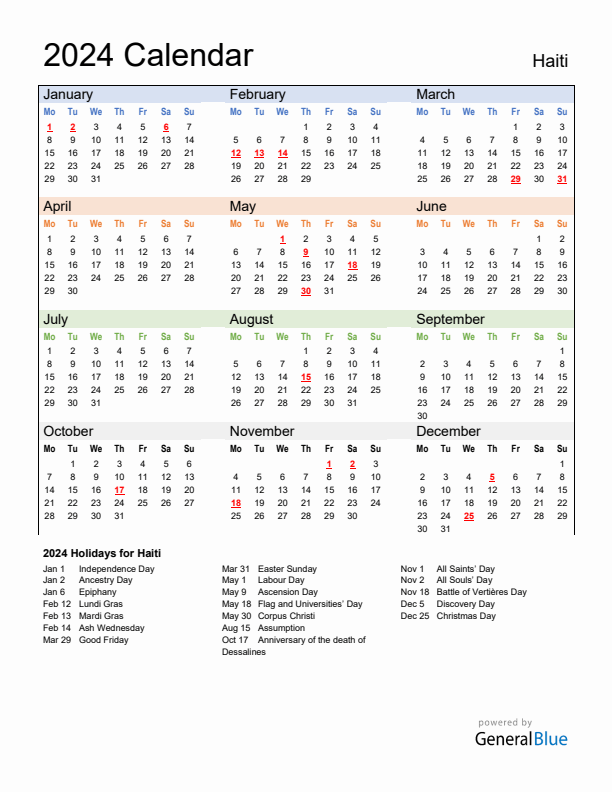 Calendar 2024 with Haiti Holidays