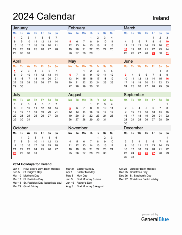 Calendar 2024 with Ireland Holidays