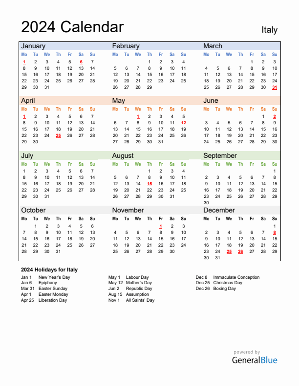 Calendar 2024 with Italy Holidays