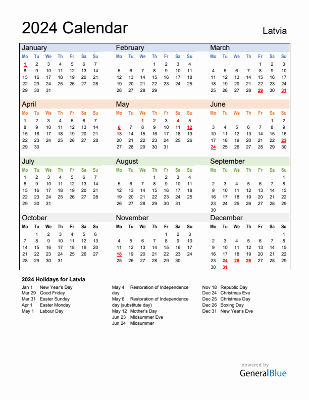 Calendar 2024 with Latvia Holidays