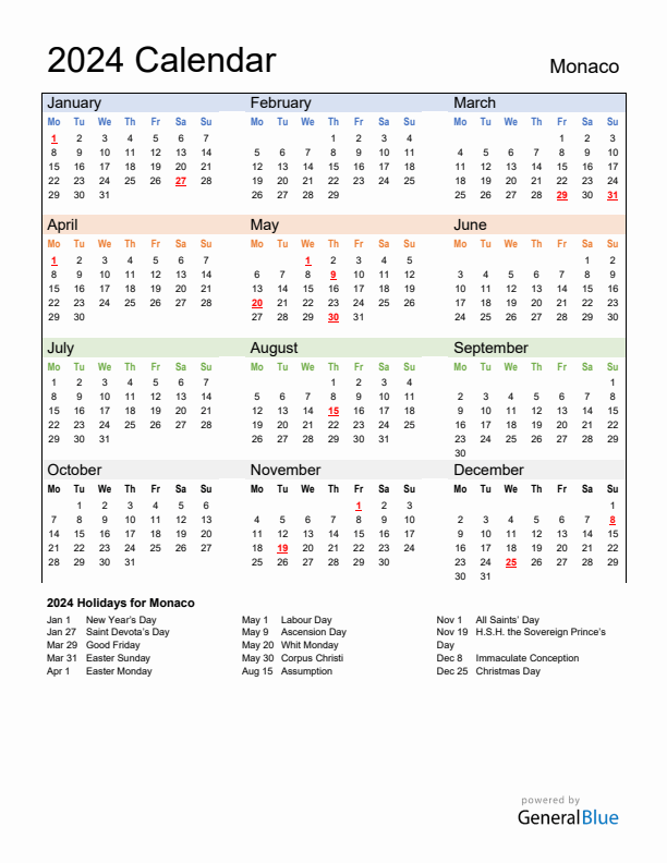 Calendar 2024 with Monaco Holidays