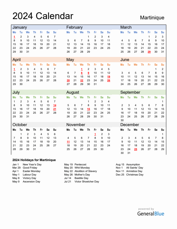 Calendar 2024 with Martinique Holidays