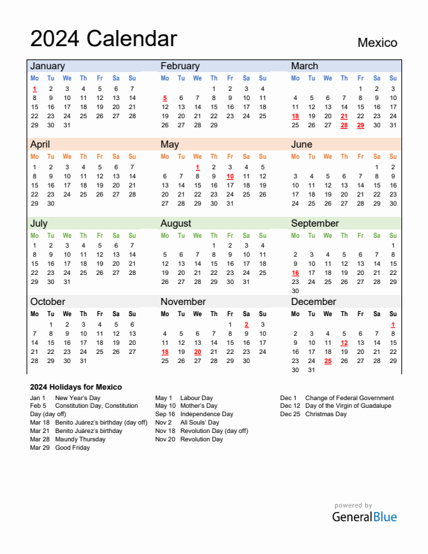 Calendar 2024 with Mexico Holidays