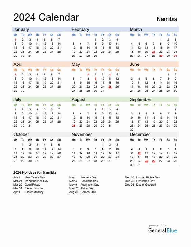 Calendar 2024 with Namibia Holidays