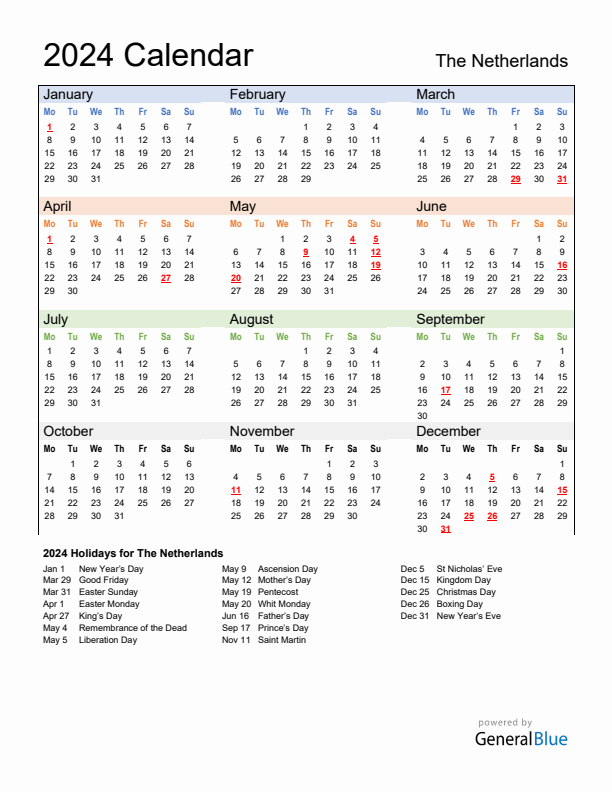 Calendar 2024 with The Netherlands Holidays