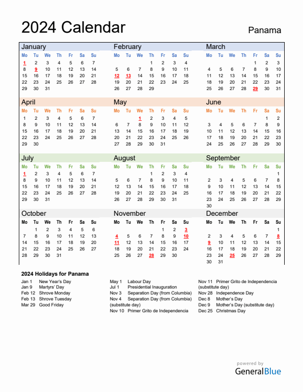 Calendar 2024 with Panama Holidays