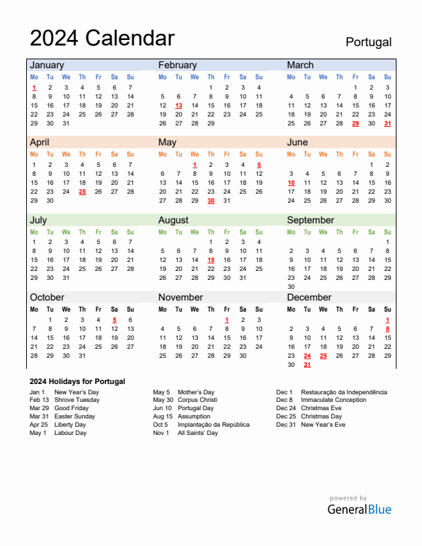 Calendar 2024 with Portugal Holidays