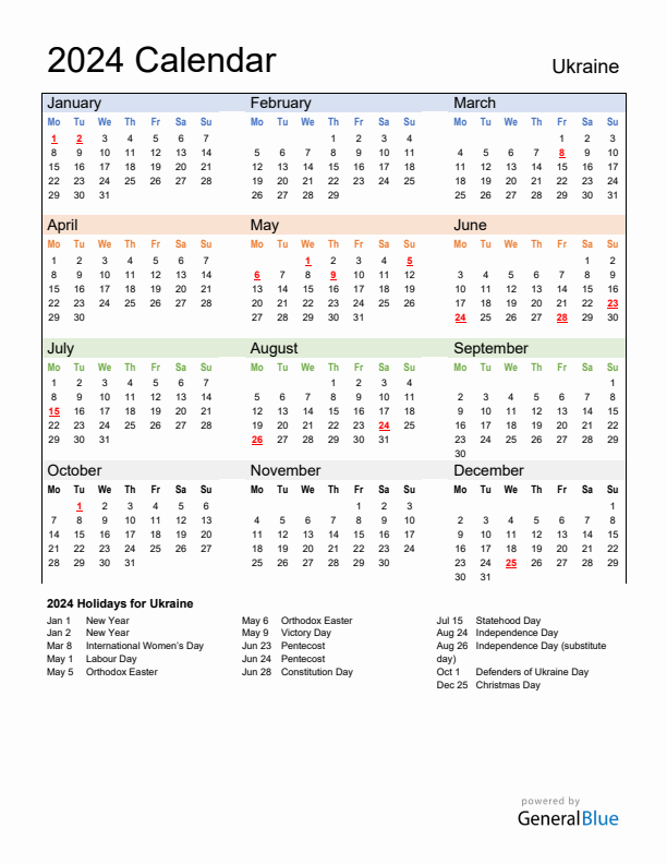 Calendar 2024 with Ukraine Holidays