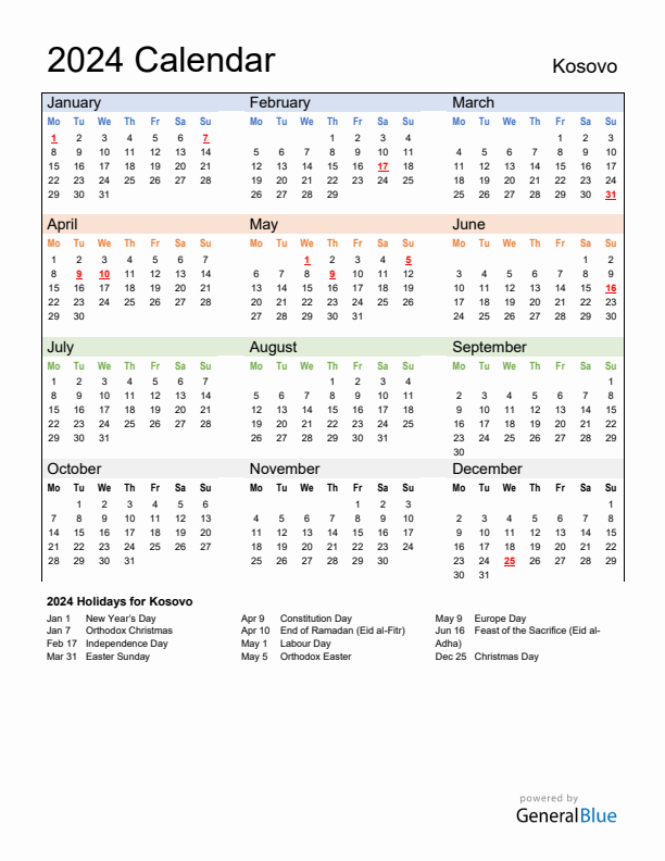 Calendar 2024 with Kosovo Holidays