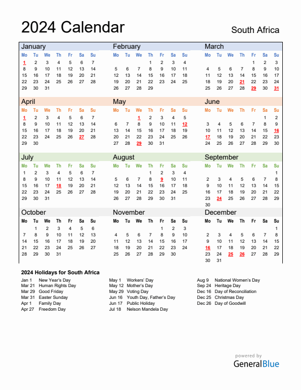 Calendar 2024 with South Africa Holidays