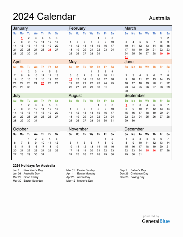 Calendar 2024 with Australia Holidays