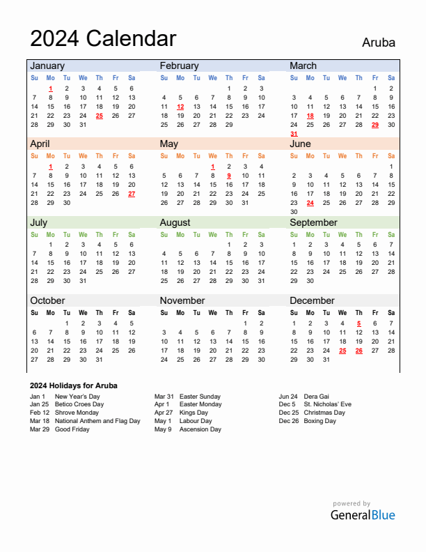 Calendar 2024 with Aruba Holidays