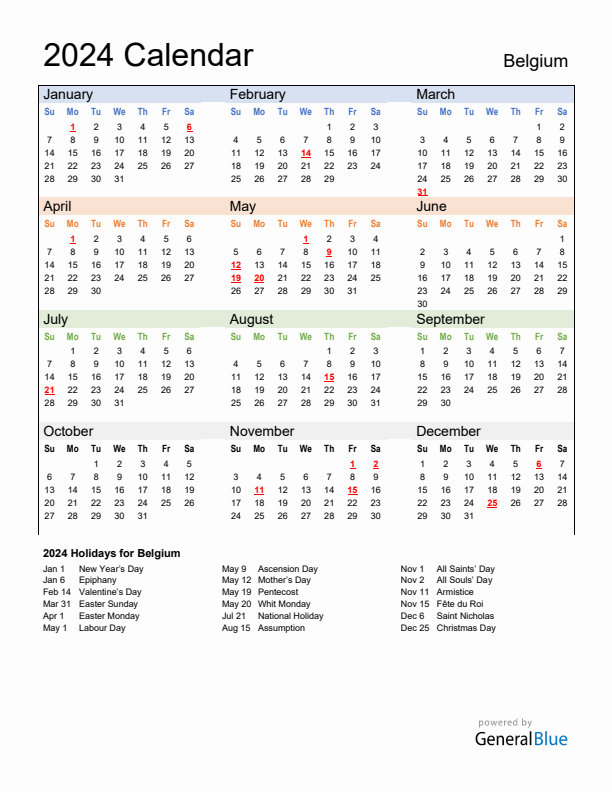 Calendar 2024 with Belgium Holidays