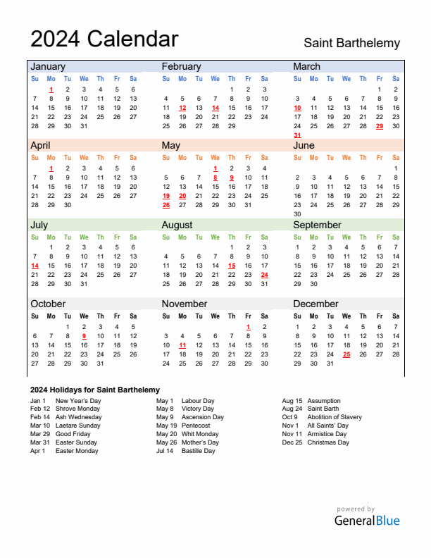 Calendar 2024 with Saint Barthelemy Holidays