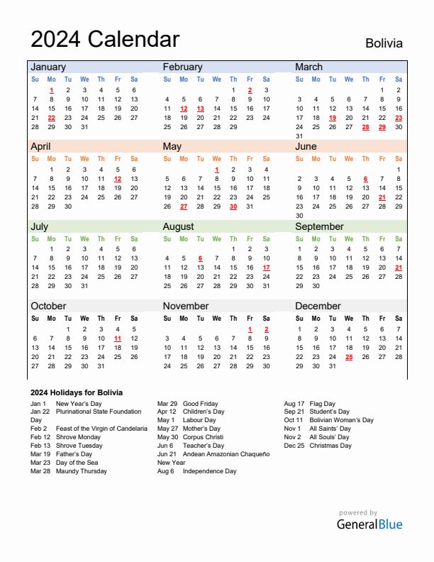 Calendar 2024 with Bolivia Holidays