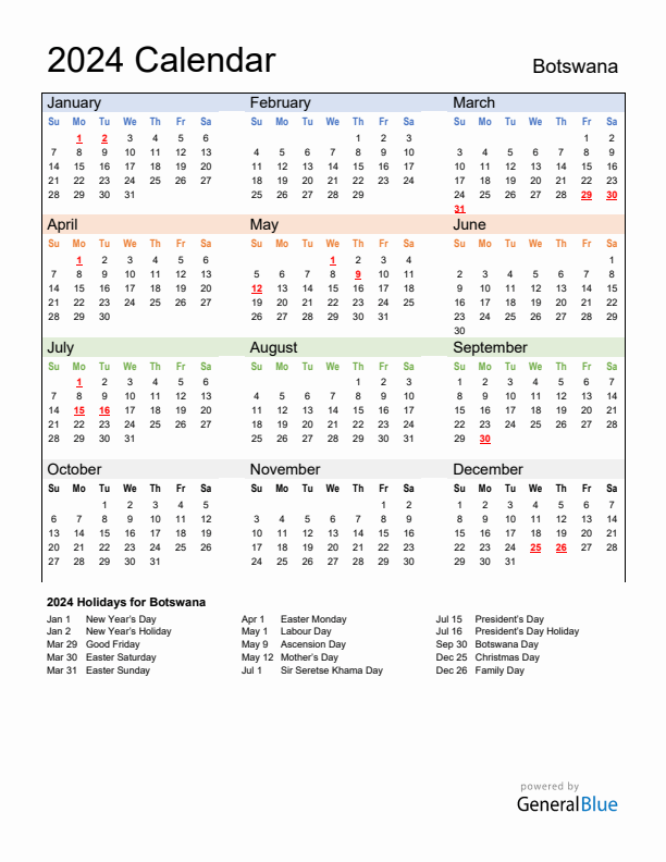 Calendar 2024 with Botswana Holidays