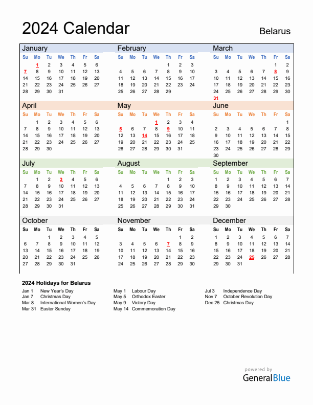 Calendar 2024 with Belarus Holidays