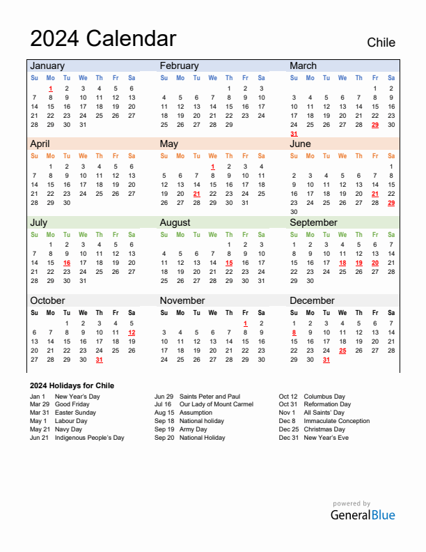 Calendar 2024 with Chile Holidays