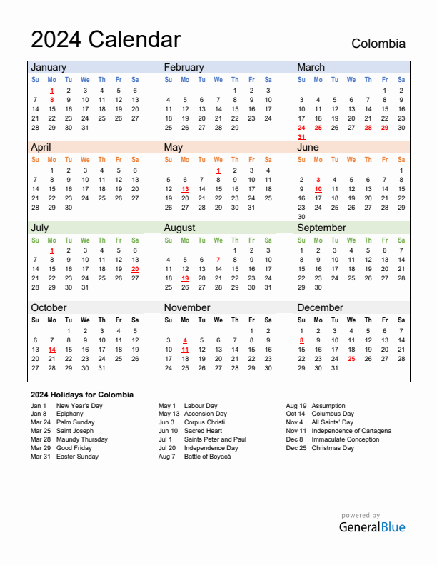 Calendar 2024 with Colombia Holidays