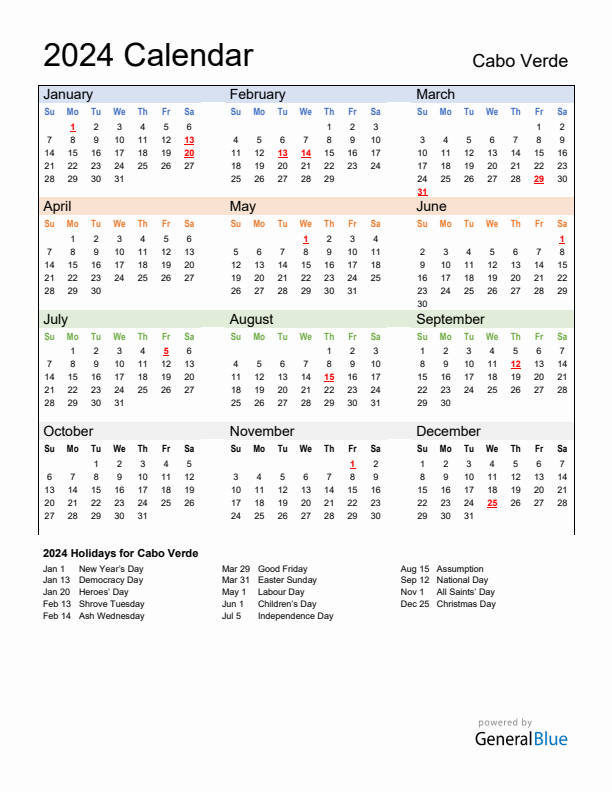 Calendar 2024 with Cabo Verde Holidays