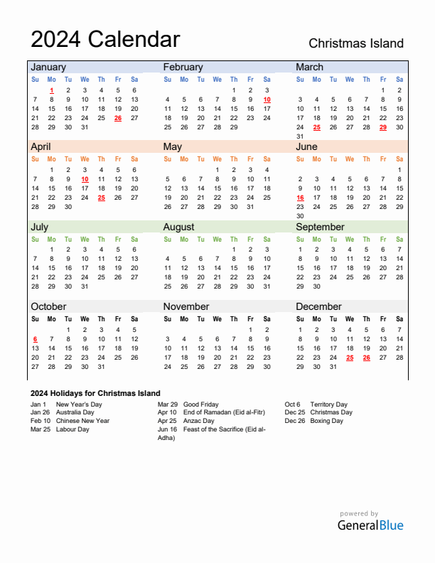 Calendar 2024 with Christmas Island Holidays