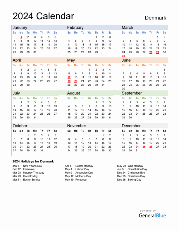 Calendar 2024 with Denmark Holidays