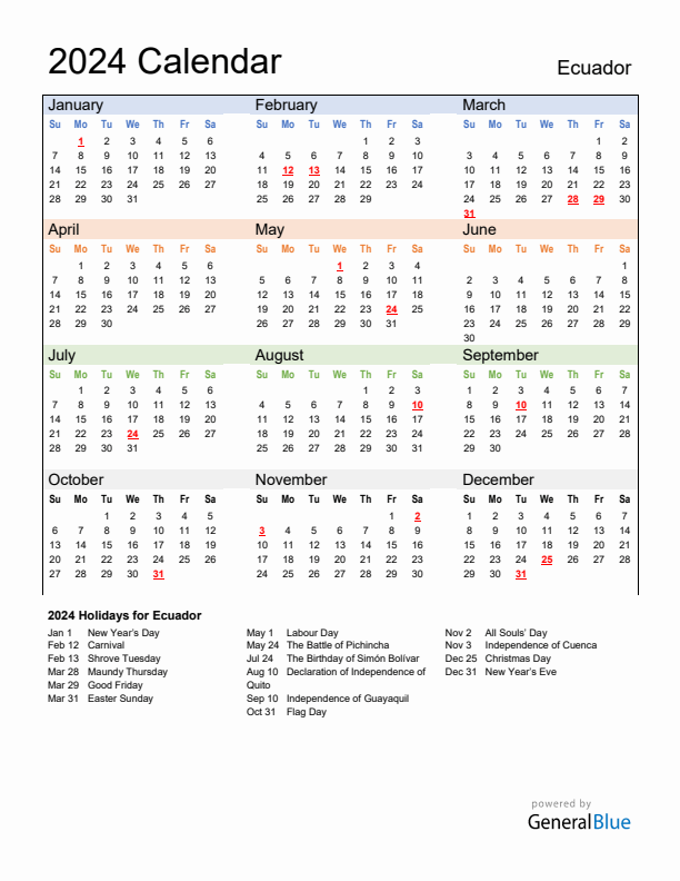 Calendar 2024 with Ecuador Holidays