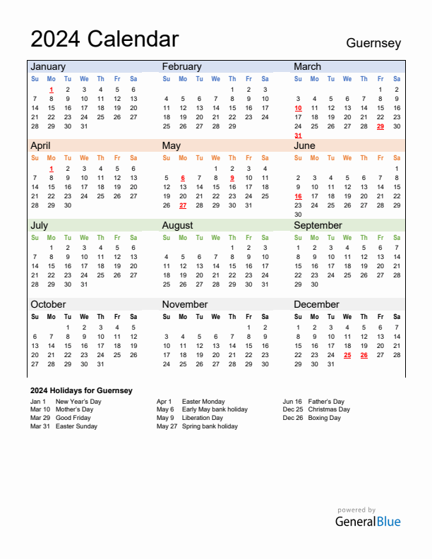 Calendar 2024 with Guernsey Holidays