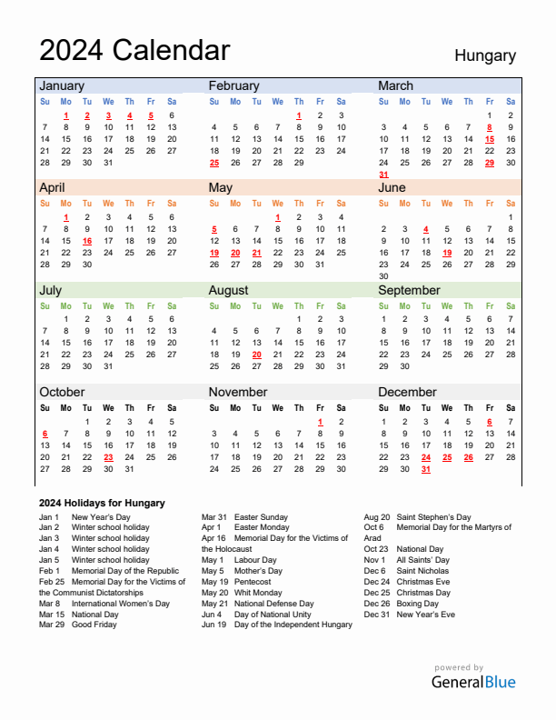 Calendar 2024 with Hungary Holidays