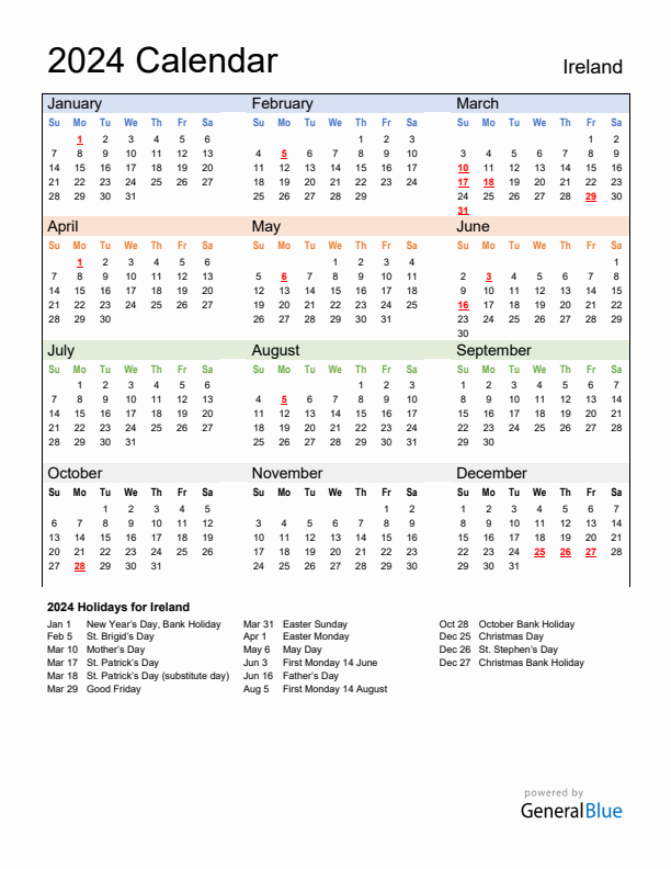 Calendar 2024 with Ireland Holidays