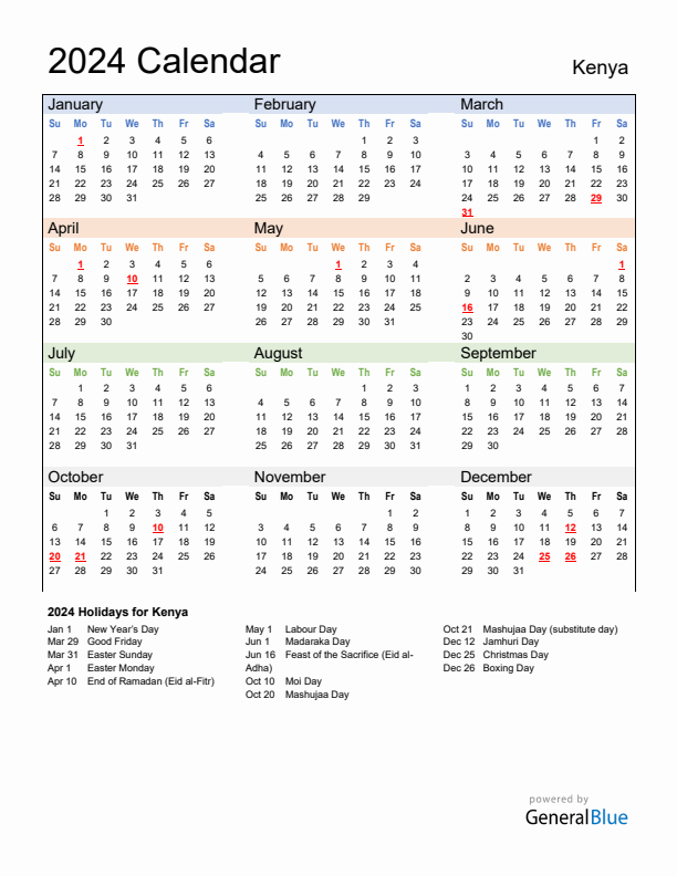 Calendar 2024 with Kenya Holidays