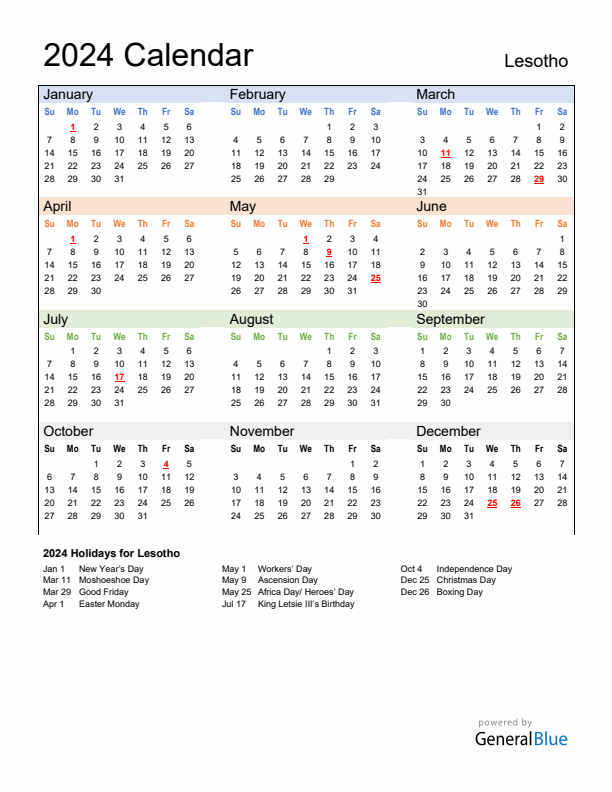 Calendar 2024 with Lesotho Holidays