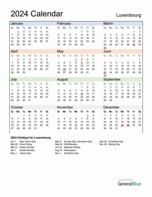 Calendar 2024 with Luxembourg Holidays