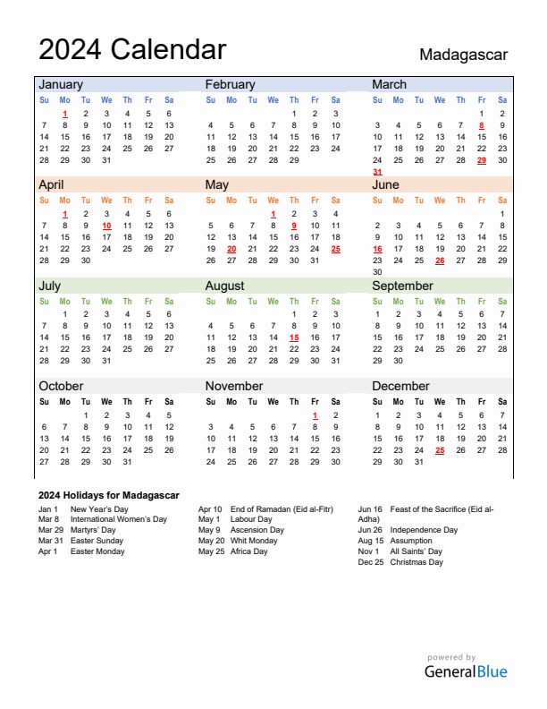 Calendar 2024 with Madagascar Holidays