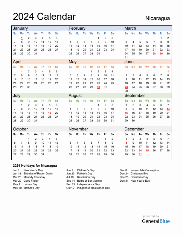 Calendar 2024 with Nicaragua Holidays