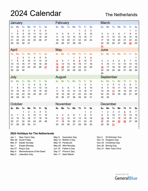 Calendar 2024 with The Netherlands Holidays