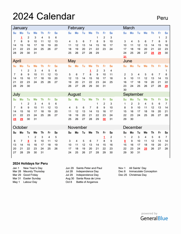 Calendar 2024 with Peru Holidays