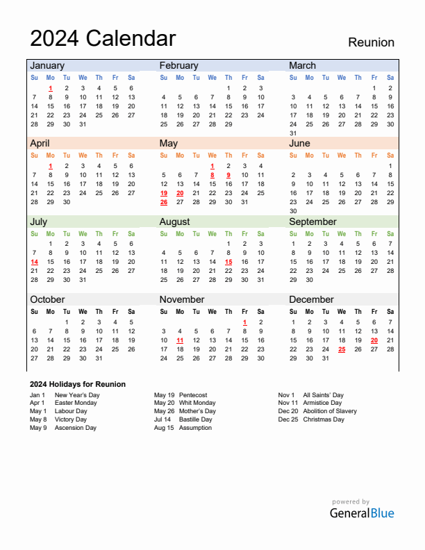 Calendar 2024 with Reunion Holidays