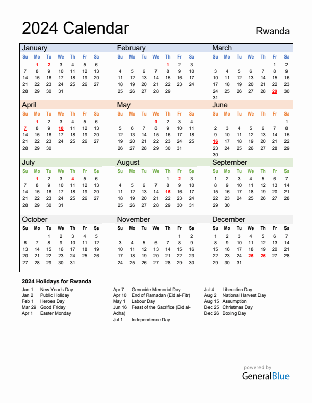 Calendar 2024 with Rwanda Holidays