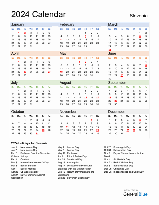 Calendar 2024 with Slovenia Holidays