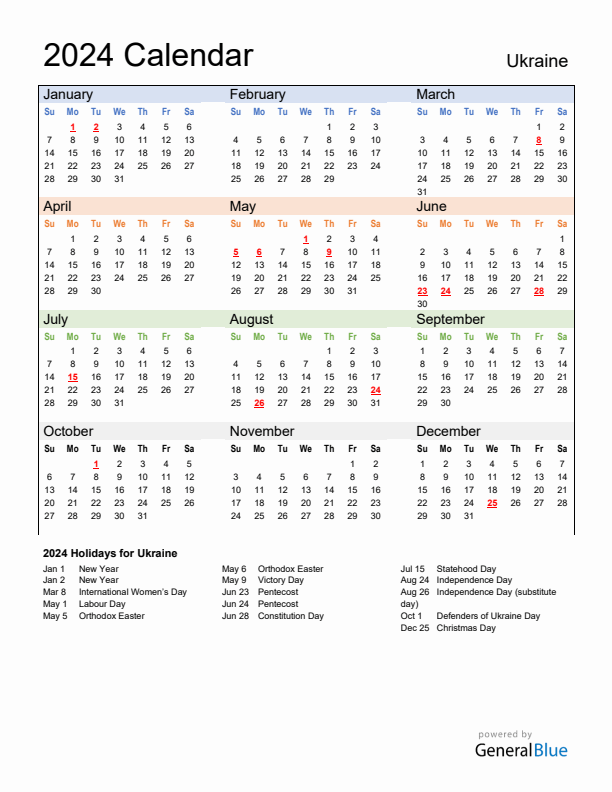 Calendar 2024 with Ukraine Holidays