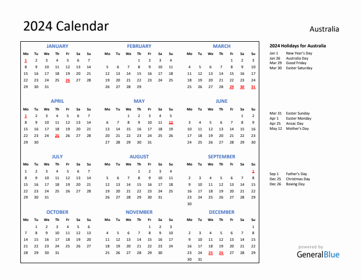 2024 Calendar with Holidays for Australia