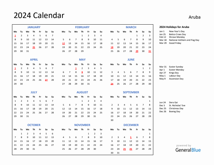 2024 Calendar with Holidays for Aruba